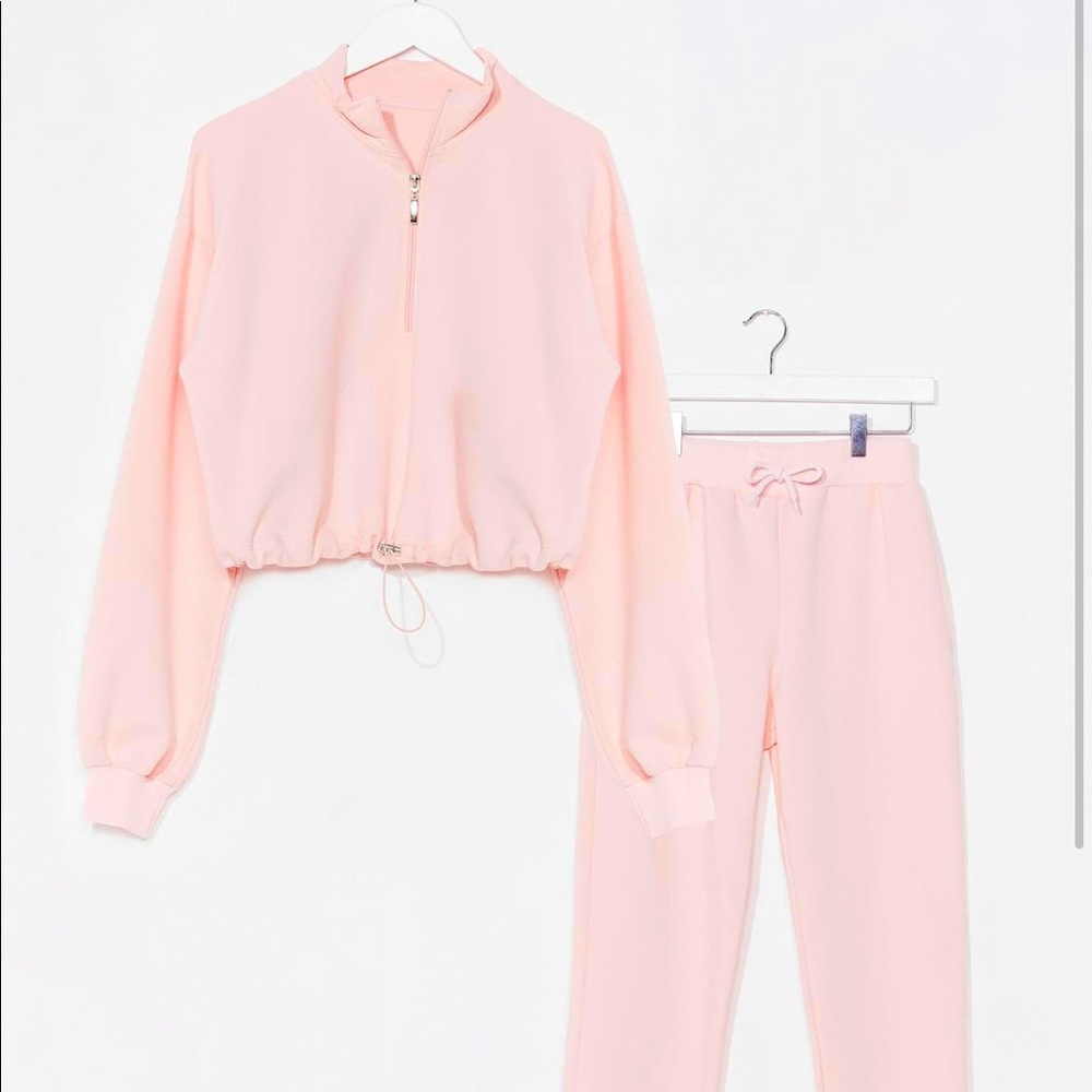 Matching pink sweater and jogger sweatpants